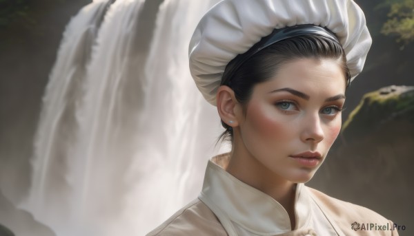 1girl,solo,looking at viewer,short hair,blue eyes,black hair,hat,jewelry,earrings,parted lips,water,blurry,lips,grey eyes,maid,maid headdress,blurry background,white headwear,portrait,freckles,realistic,nose,stud earrings,waterfall,red lips,head scarf,hair pulled back