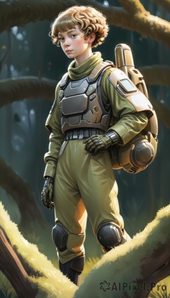 1girl,solo,short hair,blue eyes,blonde hair,brown eyes,standing,outdoors,bag,armor,tree,lips,backpack,grass,nature,androgynous,forest,walking,science fiction,curly hair,nose,knee pads,helmet removed,brown hair,gloves,1boy,male focus,boots,scarf,helmet,freckles,realistic