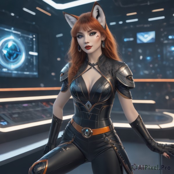 1girl,solo,long hair,breasts,looking at viewer,bangs,blue eyes,brown hair,gloves,animal ears,cleavage,jewelry,medium breasts,sitting,short sleeves,earrings,parted lips,black gloves,belt,pants,artist name,cat ears,fingerless gloves,nail polish,orange hair,armor,blurry,lips,grey eyes,fox ears,bodysuit,tattoo,makeup,blurry background,facial mark,black pants,cleavage cutout,lipstick,red nails,hoop earrings,red lips,facial tattoo,red hair,fox girl,realistic,black bodysuit,criss-cross halter