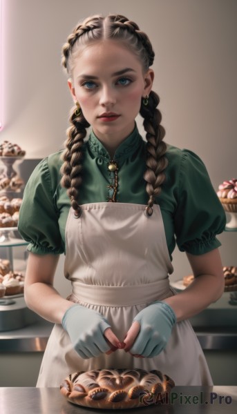 1girl,solo,long hair,looking at viewer,blue eyes,brown hair,black hair,gloves,dress,holding,twintails,jewelry,standing,braid,short sleeves,earrings,parted lips,food,puffy sleeves,indoors,fingerless gloves,apron,twin braids,puffy short sleeves,lips,white apron,hair over shoulder,freckles,green dress,realistic,green shirt,blue gloves,red lips,cookie,green gloves,pie,breasts,blush,shirt,upper body,frills,white gloves,nail polish,blurry,makeup,blurry background,frilled sleeves,cake,chocolate,nose,doughnut