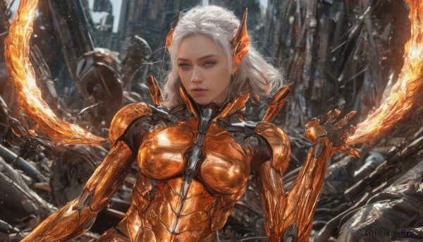 1girl,solo,breasts,looking at viewer,short hair,blue eyes,medium breasts,upper body,weapon,braid,white hair,solo focus,medium hair,armor,blurry,lips,bodysuit,headgear,helmet,fire,science fiction,breastplate,realistic,power armor,embers,sparks,army,long hair,artist name,fantasy,mechanical arms,cyborg