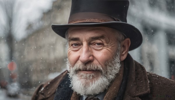 solo,looking at viewer,1boy,hat,closed mouth,jacket,upper body,white hair,grey hair,male focus,outdoors,necktie,blurry,tree,coat,grey eyes,black headwear,blurry background,facial hair,portrait,beard,snow,brown jacket,top hat,snowing,mature male,realistic,mustache,manly,old,brown coat,old man,blue eyes,shirt,white shirt,collared shirt,lips,depth of field,black necktie,brown headwear,wrinkled skin