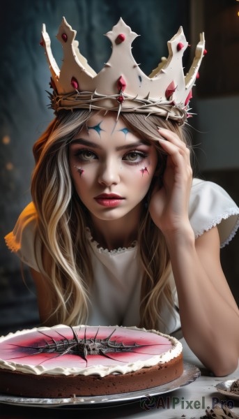 1girl,solo,long hair,looking at viewer,blonde hair,dress,brown eyes,upper body,short sleeves,parted lips,food,white dress,blurry,lips,eyelashes,makeup,blurry background,facial mark,table,crown,lipstick,plate,cake,hand in own hair,forehead mark,realistic,nose,red lips,hand on own head,brown hair,watermark,gem,web address