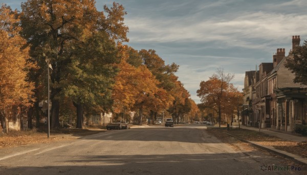 outdoors,sky,day,cloud,tree,blue sky,no humans,cloudy sky,building,scenery,city,fence,road,lamppost,street,ground vehicle,motor vehicle,sign,realistic,car,autumn leaves,autumn,evening,road sign,crosswalk,real world location