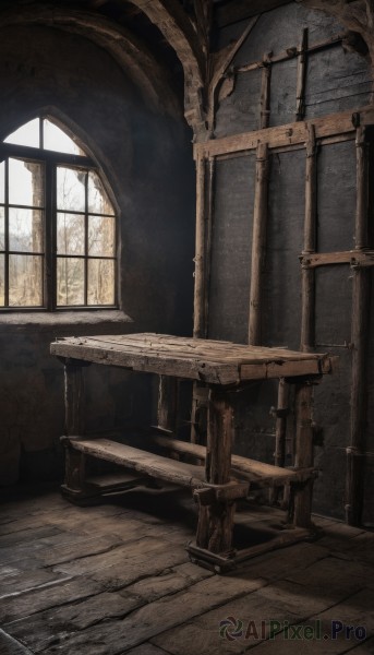 day,indoors,tree,no humans,window,chair,sunlight,scenery,wooden floor,canvas (object),easel,wooden chair,table,fantasy,wall,ruins,pillar,bare tree,crack,arch,stone wall,wood,brick floor