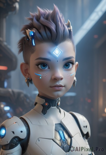 1girl,solo,looking at viewer,short hair,blue eyes,brown hair,hair ornament,jewelry,closed mouth,upper body,earrings,artist name,armor,blurry,lips,eyelashes,bodysuit,makeup,blurry background,glowing,facial mark,eyeshadow,freckles,science fiction,forehead mark,nose,eyeliner,mechanical arms,forehead jewel,cyborg,cyberpunk,black hair,dark skin,robot,spiked hair,portrait,close-up,android,joints,robot joints,mohawk