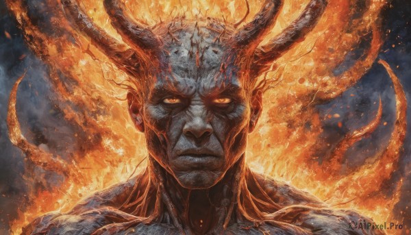 solo,looking at viewer,1boy,closed mouth,yellow eyes,male focus,horns,orange eyes,glowing,colored skin,fire,portrait,glowing eyes,tentacles,veins,monster,straight-on,demon,upper body,antlers,embers,orange theme,fiery hair