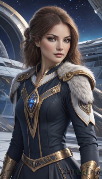 1girl,solo,long hair,breasts,looking at viewer,brown hair,long sleeves,dress,brown eyes,jewelry,upper body,earrings,sky,artist name,medium hair,armor,black dress,lips,fur trim,makeup,night,lipstick,gem,star (sky),night sky,starry sky,gold trim,realistic,nose,red lips,fur collar