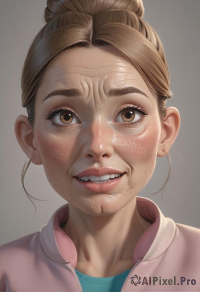 1girl,solo,looking at viewer,smile,open mouth,simple background,brown hair,shirt,brown eyes,collarbone,jacket,parted lips,teeth,grey background,hair bun,grin,lips,single hair bun,thick eyebrows,portrait,forehead,freckles,realistic,nose,pink jacket,old woman,bangs,eyelashes