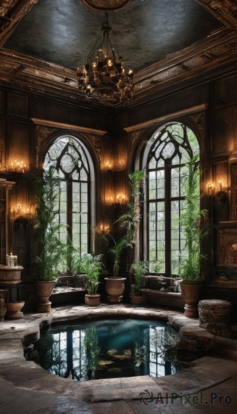 day,indoors,water,no humans,window,table,sunlight,plant,scenery,reflection,wooden floor,stairs,potted plant,lamp,candle,architecture,vines,pillar,ceiling,arch,candlestand,reflective floor,chandelier,fantasy