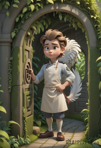 solo,smile,short hair,brown hair,shirt,long sleeves,1boy,holding,brown eyes,closed mouth,standing,full body,male focus,outdoors,wings,shoes,shorts,socks,apron,bird,animal,leaf,brown footwear,thick eyebrows,feathers,blue shirt,plant,child,feathered wings,door,male child,vines,grey shorts,pillar,artist name