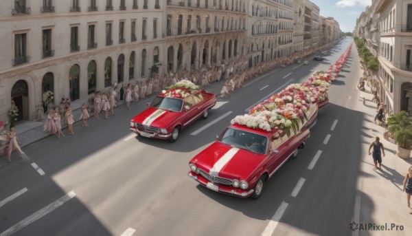 multiple girls,dress,outdoors,food,multiple boys,sky,day,cloud,tree,6+girls,formal,suit,ground vehicle,building,scenery,motor vehicle,6+boys,city,car,road,vehicle focus,street,crowd,people,crosswalk,real world location,flower,walking,running,bouquet,vanishing point