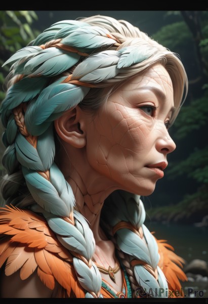 1girl,solo,long hair,blue eyes,hair ornament,jewelry,braid,parted lips,artist name,necklace,blurry,twin braids,from side,lips,eyelashes,profile,blurry background,facial mark,feathers,letterboxed,portrait,nature,hair over shoulder,freckles,realistic,nose,feather hair ornament,facepaint,tribal,native american,closed mouth,blue hair,multicolored hair,outdoors,day,black eyes,aqua hair,leaf,looking away,sunlight,facial tattoo,multiple braids