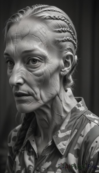 1girl,solo,long hair,bangs,simple background,shirt,1boy,closed mouth,monochrome,upper body,braid,greyscale,collared shirt,single braid,portrait,realistic,camouflage,old,old woman,wrinkled skin,looking at viewer,male focus,artist name,facial hair,watermark,web address,veins,old man