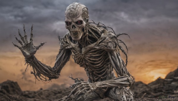 solo,red eyes,1boy,outdoors,sky,teeth,cloud,hand up,blurry,no humans,blurry background,claws,1other,science fiction,skull,monster,ribs,skeleton,bone,alien,looking at viewer,upper body,glowing,cloudy sky,horror (theme)