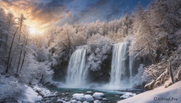 outdoors, sky, cloud, water, tree, no humans, nature, scenery, snow, forest, rock, mountain, bare tree, waterfall