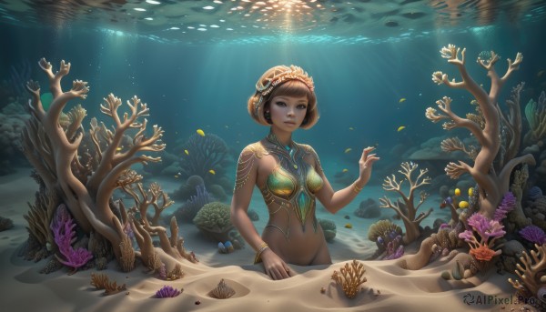 1girl,solo,breasts,looking at viewer,smile,short hair,brown hair,hair ornament,navel,brown eyes,jewelry,medium breasts,swimsuit,bikini,earrings,dark skin,water,necklace,bracelet,dark-skinned female,lips,groin,bottomless,ocean,watermark,sunlight,gem,armlet,fish,bubble,light rays,underwater,bangle,air bubble,shell,starfish,coral,seaweed,bangs,parted lips,tree,web address,mermaid