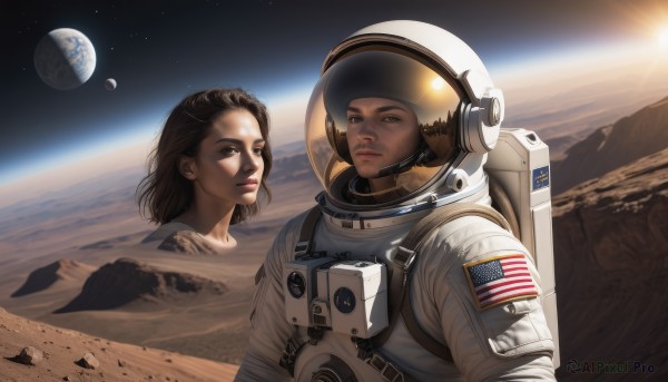 1girl,brown hair,1boy,brown eyes,upper body,sky,bag,lips,facial hair,moon,backpack,helmet,star (sky),science fiction,rock,mountain,realistic,sun,space,planet,earth (planet),american flag,spacecraft,spacesuit,desert,japanese flag,space helmet,united states,astronaut,looking at viewer,short hair,multiple girls,black hair,2girls,closed mouth,sunlight,serious,flag,dirty,american flag print