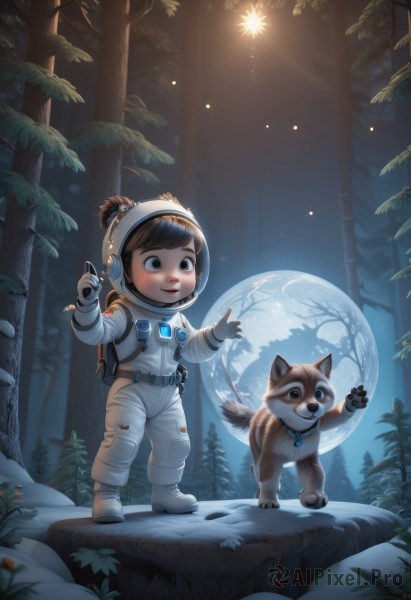 1girl,solo,smile,short hair,brown hair,gloves,brown eyes,standing,full body,outdoors,bag,black eyes,tree,night,animal,moon,backpack,plant,child,nature,full moon,forest,dog,bare tree,spacesuit,shiba inu,space helmet,astronaut,blush,helmet,star (sky),snow,realistic,space,open hands,tanuki