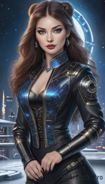 1girl,solo,long hair,breasts,looking at viewer,blue eyes,brown hair,long sleeves,cleavage,jewelry,medium breasts,standing,jacket,cowboy shot,earrings,sky,pants,artist name,necklace,hair bun,nail polish,lips,double bun,bodysuit,makeup,night,wavy hair,black pants,lipstick,gem,star (sky),black nails,night sky,eyeshadow,starry sky,city,realistic,nose,red lips,bangs,closed mouth,outdoors,signature,mole,black jacket,parted bangs,grey eyes,corset,forehead,backlighting,freckles,black bodysuit,constellation