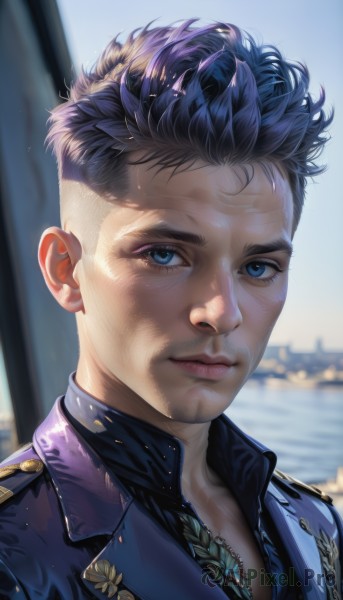 solo,looking at viewer,short hair,blue eyes,shirt,black hair,1boy,closed mouth,jacket,upper body,male focus,outdoors,day,blurry,uniform,lips,blurry background,facial hair,portrait,realistic,nose,blue hair,purple hair,multicolored hair,artist name,water,ocean,scar,expressionless,sunlight,blue jacket,backlighting,very short hair,undercut,mohawk