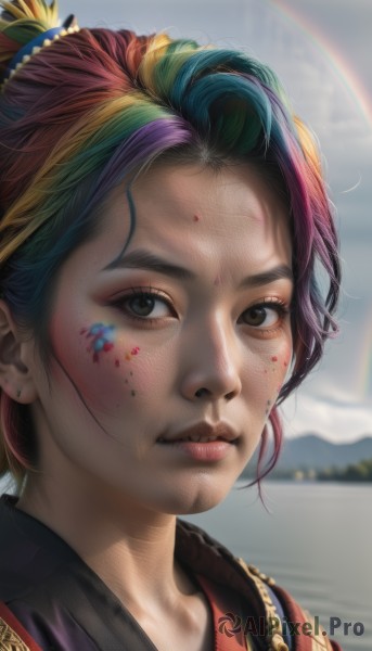 1girl,solo,looking at viewer,blush,smile,short hair,hair ornament,brown eyes,closed mouth,pink hair,purple hair,multicolored hair,outdoors,green hair,sky,day,artist name,water,blurry,black eyes,two-tone hair,lips,makeup,blurry background,facial mark,portrait,freckles,realistic,nose,facepaint,rainbow,rainbow hair,bangs,jewelry,red hair,earrings,cloud,streaked hair,eyelashes,depth of field,watermark,cloudy sky,dirty