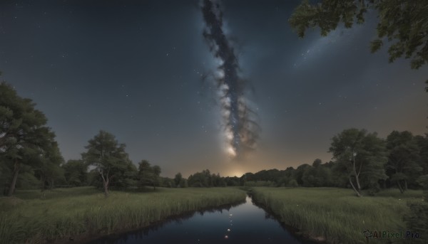 outdoors,sky,cloud,water,tree,no humans,night,grass,fire,star (sky),nature,night sky,scenery,forest,smoke,starry sky,reflection,river,lake,shooting star,milky way