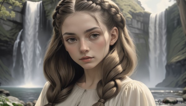 1girl,solo,long hair,looking at viewer,brown hair,shirt,brown eyes,white shirt,upper body,braid,outdoors,parted lips,day,water,blurry,twin braids,tree,lips,portrait,hair over shoulder,forehead,freckles,rock,realistic,nose,waterfall,blush,closed mouth,sky,eyelashes,depth of field,blurry background,sunlight,thick eyebrows,red lips