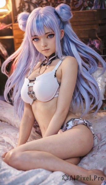 1girl,solo,long hair,breasts,looking at viewer,smile,bangs,blue eyes,large breasts,navel,cleavage,bare shoulders,jewelry,medium breasts,sitting,closed mouth,underwear,blue hair,panties,swimsuit,sidelocks,bikini,thighs,parted lips,barefoot,choker,artist name,indoors,blunt bangs,necklace,stomach,hair bun,bra,blurry,lips,pillow,grey eyes,bare arms,eyelashes,bare legs,double bun,bed,depth of field,blurry background,feet out of frame,bed sheet,on bed,underwear only,white bra,realistic,yokozuwari,white panties,detached collar,white bikini,lingerie,nose