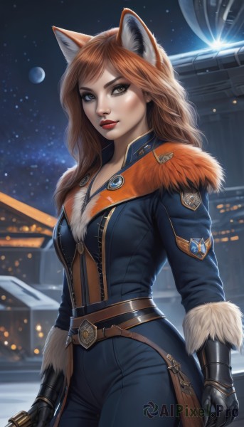 1girl,solo,long hair,breasts,looking at viewer,brown hair,gloves,holding,animal ears,brown eyes,weapon,cowboy shot,black gloves,belt,pants,sword,artist name,holding weapon,lips,fur trim,fox ears,bodysuit,makeup,night,lipstick,gauntlets,star (sky),freckles,red lips,space,planet,bangs,medium breasts,closed mouth,standing,jacket,tail,red hair,outdoors,sky,signature,orange hair,gun,fox tail,wolf ears,zipper,starry sky,realistic