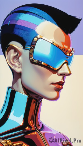 1girl,solo,short hair,black hair,1boy,closed mouth,blue hair,male focus,multicolored hair,shiny,from side,lips,bodysuit,makeup,lipstick,goggles,portrait,two-tone background,goggles on head,high collar,realistic,nose,red lips,tinted eyewear,hair slicked back,profile,sunglasses,science fiction,mohawk,cyberpunk