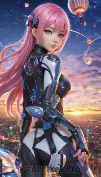 1girl,solo,long hair,breasts,looking at viewer,bangs,blue eyes,hair ornament,gloves,medium breasts,standing,pink hair,ass,cowboy shot,outdoors,parted lips,sky,looking back,cloud,fingerless gloves,from behind,nail polish,lips,bodysuit,star (sky),skin tight,lens flare,science fiction,sunset,city,aircraft,sun,cityscape,city lights,sunrise,hand on hip,ocean,watermark,starry sky,nose,horizon,planet