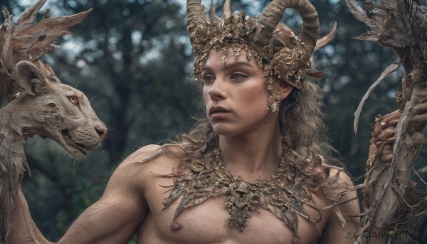 solo,long hair,blue eyes,blonde hair,1boy,jewelry,nipples,upper body,male focus,outdoors,parted lips,wings,horns,teeth,pointy ears,necklace,blurry,lips,fingernails,blurry background,animal,pectorals,staff,nature,freckles,topless male,realistic,fantasy,antlers,holding,earrings,tree,muscular,depth of field,piercing,feathers,crown,goat