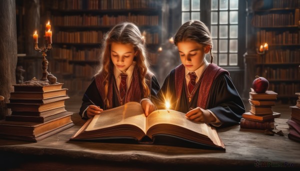 1girl,long hair,smile,multiple girls,blonde hair,brown hair,shirt,black hair,long sleeves,1boy,holding,2girls,jewelry,sitting,closed mouth,school uniform,closed eyes,white shirt,braid,necktie,collared shirt,indoors,blurry,book,window,wavy hair,fire,red necktie,holding book,robe,open book,wand,bookshelf,reading,magic,candle,striped necktie,book stack,library,writing,quill,black robe,levitation,hogwarts school uniform,short hair,upper body,earrings,food,striped,signature,vest,sweater,dress shirt,depth of field,scar,table,pendant,half updo,realistic,hair pulled back,holding wand