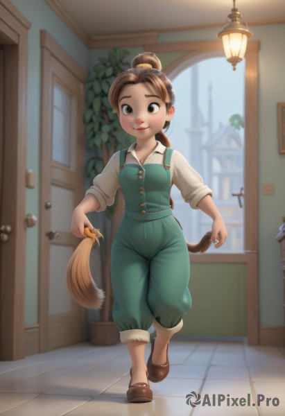 1girl,solo,long hair,breasts,looking at viewer,blush,smile,brown hair,shirt,holding,brown eyes,closed mouth,standing,tail,full body,white shirt,shoes,indoors,hair bun,blurry,lips,window,blurry background,brown footwear,single hair bun,standing on one leg,child,sleeves rolled up,walking,door,tiles,overalls,blue overalls,holding own tail,long sleeves,ponytail,outdoors,day,collared shirt,pants,buttons,plant,fake tail,female child,anal tail