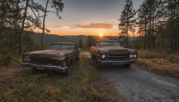 outdoors,sky,cloud,tree,no humans,grass,ground vehicle,nature,scenery,motor vehicle,forest,sunset,mountain,sun,car,road,vehicle focus,evening,sports car,sunrise