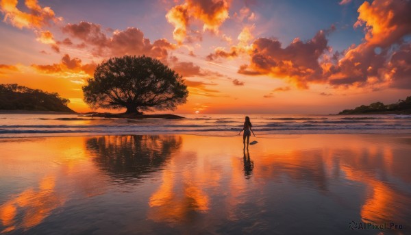 1girl, solo, long hair, standing, outdoors, sky, cloud, water, tree, dutch angle, cloudy sky, scenery, reflection, sunset, horizon, silhouette