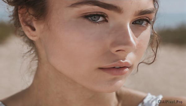 1girl,solo,looking at viewer,short hair,blue eyes,brown hair,bare shoulders,outdoors,parted lips,day,blurry,lips,grey eyes,eyelashes,depth of field,blurry background,portrait,close-up,realistic,nose,freckles