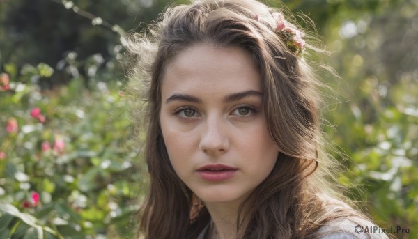 1girl,solo,long hair,looking at viewer,brown hair,hair ornament,brown eyes,closed mouth,flower,outdoors,parted lips,day,hair flower,blurry,lips,depth of field,blurry background,portrait,freckles,realistic,nose,head wreath,teeth,sunlight,forehead,pink flower