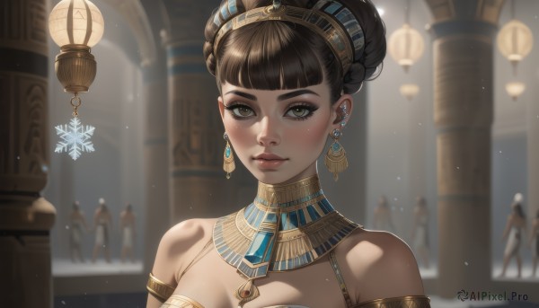 1girl,solo,breasts,looking at viewer,short hair,bangs,brown hair,black hair,cleavage,bare shoulders,brown eyes,jewelry,upper body,braid,hairband,earrings,parted lips,solo focus,indoors,dark skin,blunt bangs,necklace,hair bun,blurry,dark-skinned female,lips,eyelashes,double bun,makeup,blurry background,piercing,gem,portrait,armlet,eyeshadow,freckles,gold trim,realistic,snowflakes,egyptian,egyptian clothes,smile,closed mouth,multiple boys,6+boys