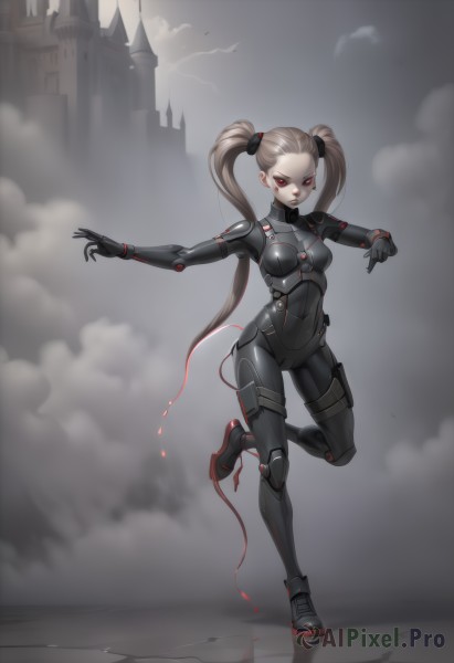 1girl,solo,long hair,breasts,looking at viewer,brown hair,red eyes,twintails,very long hair,standing,full body,earrings,small breasts,cloud,gun,bodysuit,blood,covered navel,standing on one leg,cloudy sky,outstretched arms,building,skin tight,smoke,colored sclera,reflection,science fiction,pouch,spread arms,holster,knee pads,cyborg,thigh holster,holstered weapon,thigh pouch,hair ornament,gloves,closed mouth,sky,shoes,grey background,armor,makeup,leg up,light brown hair,outstretched arm,black bodysuit,castle,fog,cyberpunk