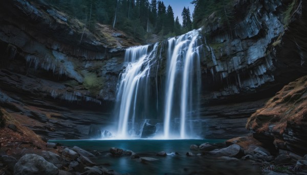 outdoors, sky, water, tree, no humans, night, nature, scenery, forest, rock, waterfall