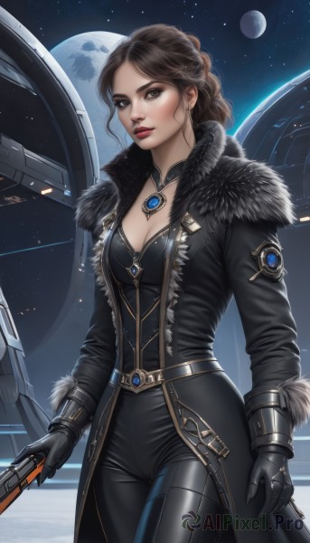 1girl,solo,long hair,breasts,looking at viewer,brown hair,gloves,holding,cleavage,brown eyes,jewelry,medium breasts,standing,weapon,cowboy shot,parted lips,open clothes,black gloves,belt,pants,necklace,holding weapon,lips,coat,gun,fur trim,bodysuit,makeup,watermark,black pants,moon,lipstick,star (sky),holding gun,handgun,pendant,science fiction,open coat,black coat,realistic,nose,red lips,space,leather,planet,earth (planet),spacecraft,energy gun,jacket,earrings,artist name,ring,gem,fur collar,black bodysuit