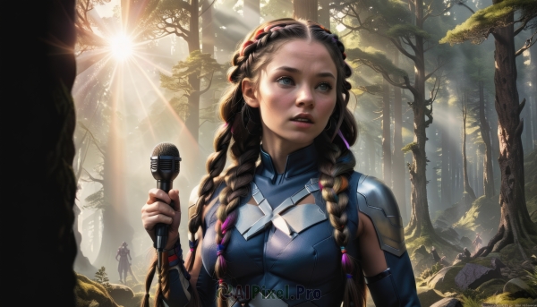 1girl,solo,long hair,breasts,blue eyes,brown hair,black hair,holding,medium breasts,upper body,weapon,braid,multicolored hair,outdoors,parted lips,detached sleeves,teeth,solo focus,day,armor,twin braids,tree,lips,clothing cutout,bodysuit,looking away,sunlight,looking up,plant,nature,microphone,forest,backlighting,light rays,realistic,nose,holding microphone,sunbeam,open mouth,two-tone hair