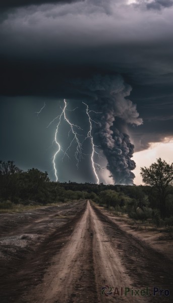 outdoors,sky,cloud,tree,no humans,cloudy sky,grass,nature,scenery,forest,smoke,mountain,electricity,road,lightning,landscape,path,dark