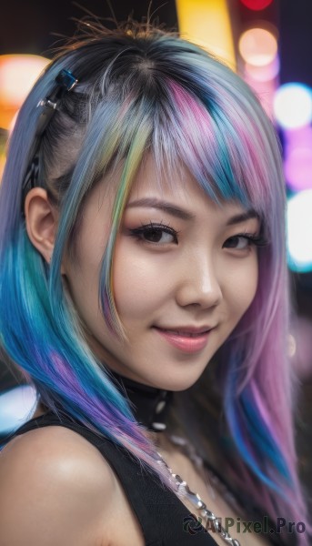 1girl,solo,long hair,looking at viewer,smile,bangs,hair ornament,bare shoulders,jewelry,closed mouth,blue hair,upper body,pink hair,purple hair,multicolored hair,sleeveless,choker,artist name,blurry,black eyes,collar,two-tone hair,lips,gradient hair,makeup,depth of field,blurry background,portrait,realistic,nose,blonde hair,black hair,parted lips,signature,necklace,streaked hair,spikes,spiked collar