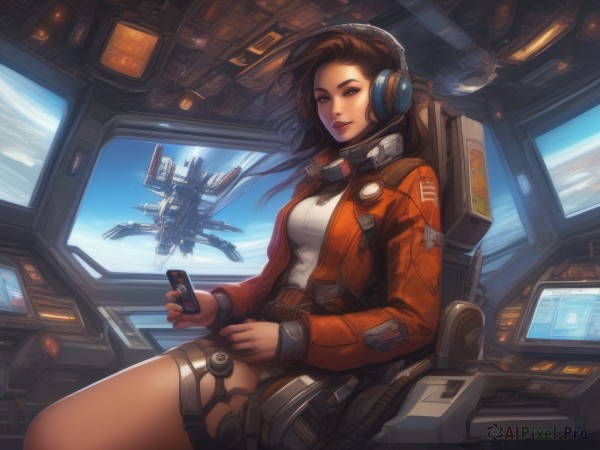 1girl,solo,long hair,breasts,smile,brown hair,shirt,long sleeves,holding,brown eyes,medium breasts,sitting,jacket,white shirt,open clothes,sky,shorts,indoors,open jacket,lips,window,thigh strap,headphones,phone,cellphone,robot,mecha,smartphone,headset,science fiction,realistic,aircraft,nose,controller,cable,space,monitor,spacecraft,cockpit,screen,pilot,joystick,looking at viewer,planet