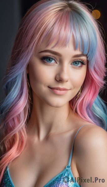 1girl,solo,long hair,breasts,looking at viewer,smile,bangs,blue eyes,cleavage,bare shoulders,jewelry,medium breasts,closed mouth,underwear,blue hair,collarbone,swimsuit,upper body,pink hair,bikini,multicolored hair,earrings,bra,two-tone hair,lips,eyelashes,gradient hair,makeup,blue bikini,eyeshadow,realistic,nose,eyeliner,mascara,artist name,black background,blue bra