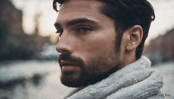 solo,looking at viewer,short hair,black hair,1boy,closed mouth,male focus,outdoors,scarf,blurry,black eyes,from side,blurry background,facial hair,thick eyebrows,portrait,beard,snow,mature male,realistic,white scarf,manly,brown eyes,depth of field,close-up,mustache