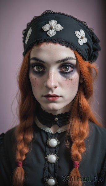 1girl,solo,long hair,looking at viewer,simple background,brown hair,dress,brown eyes,closed mouth,upper body,braid,choker,artist name,orange hair,black dress,twin braids,lips,makeup,lipstick,portrait,freckles,lolita fashion,realistic,nose,gothic lolita,red lips,gothic,jewelry,green eyes,red hair,parted lips,brooch,lace